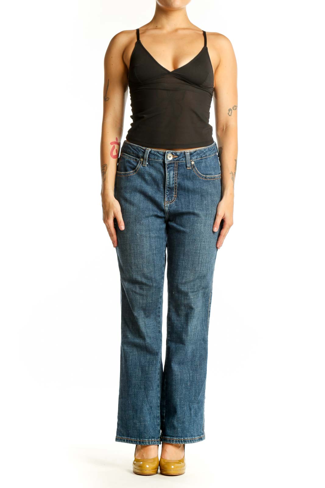 Front view of blue denim flare jeans by Aura at Wrangler, size XL, featuring mid-rise fit and classic five-pocket styling