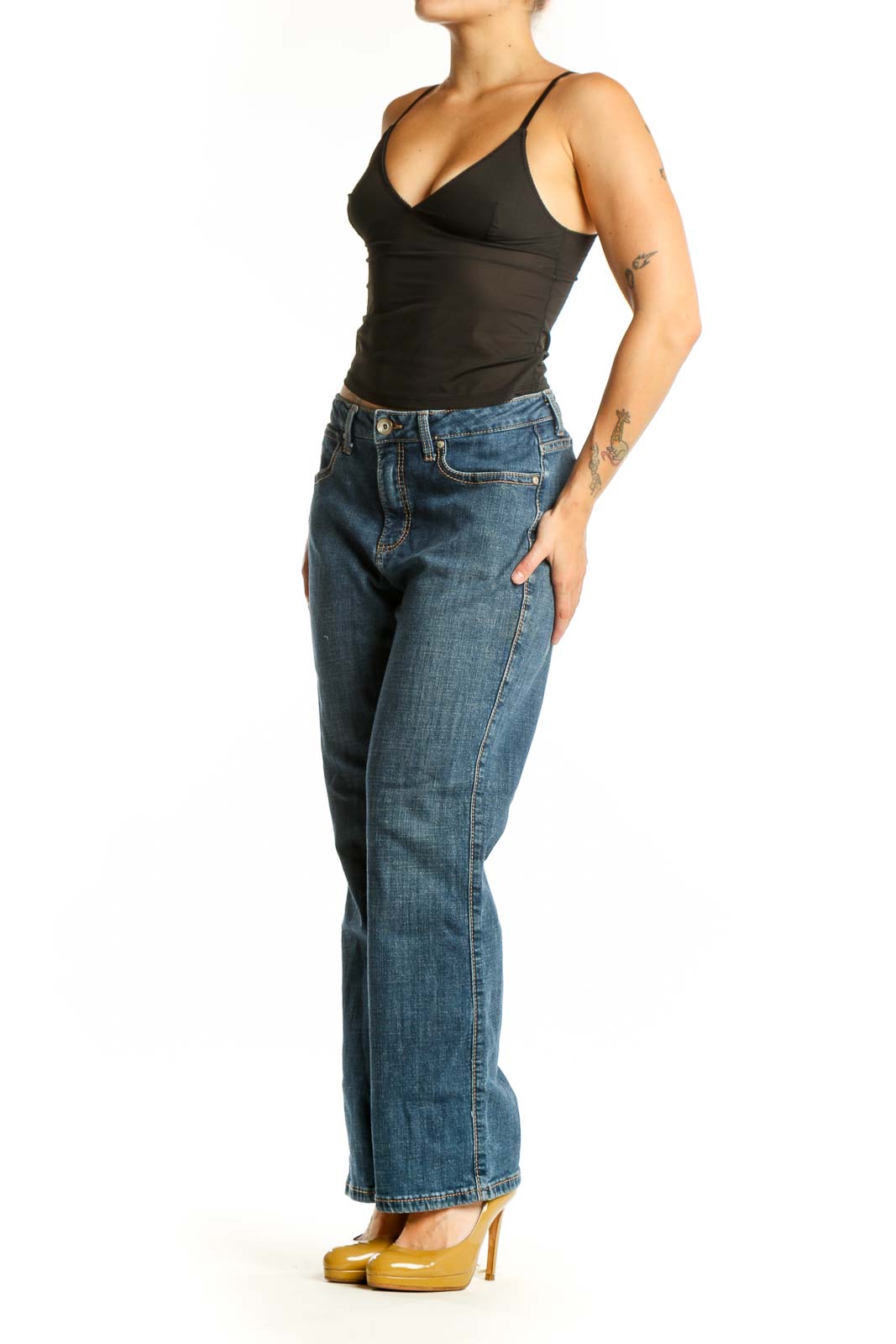 Front view of blue denim flare jeans by Aura at Wrangler, size XL, featuring mid-rise fit and classic five-pocket styling