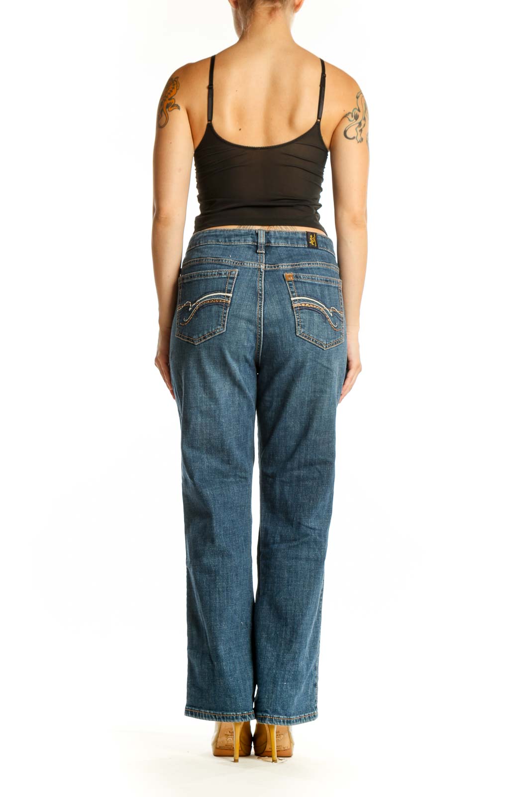 Back view of blue denim flare jeans by Aura at Wrangler, size XL, showing flared leg design and classic denim construction