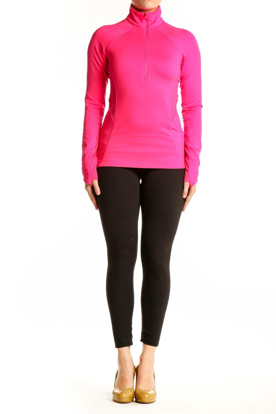 Pink half-zip athletic long sleeve top front view on model