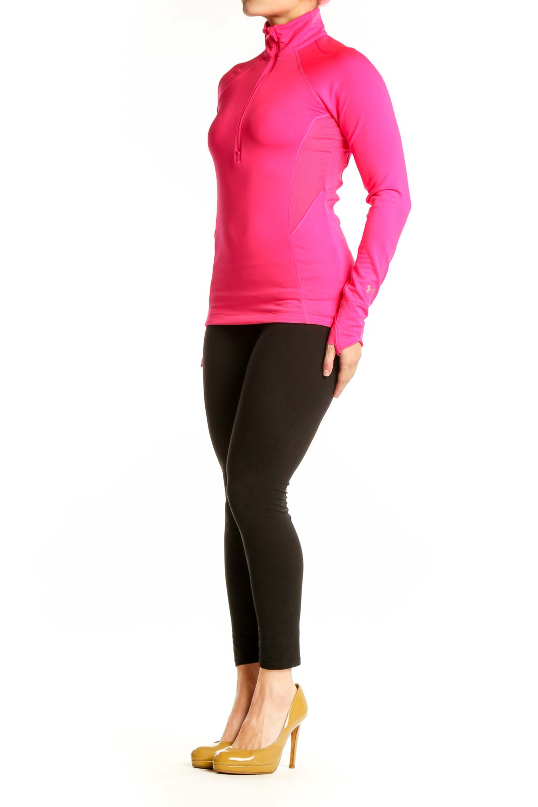 Pink half-zip athletic long sleeve top front view on model