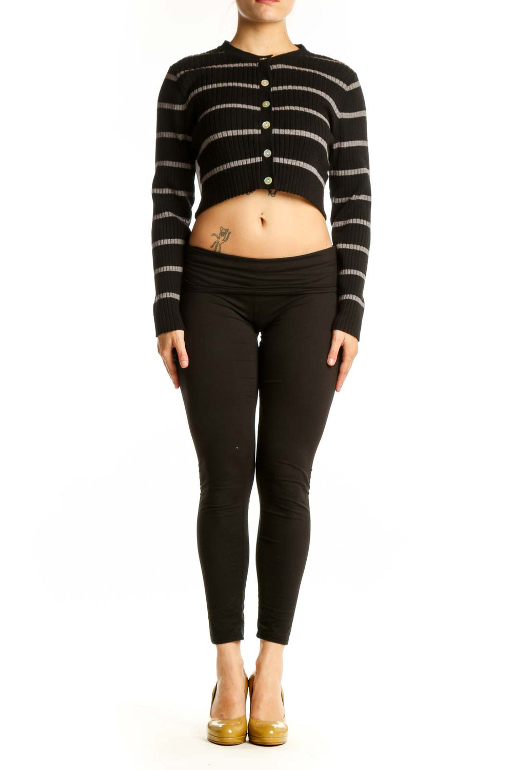 Black and gray striped crop cardigan with button-front closure, worn with black pants