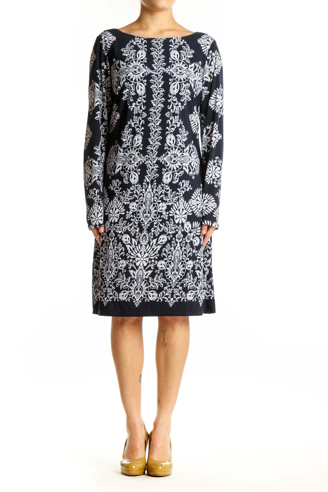 Black damask floral long sleeve dress with white ornate print, front view