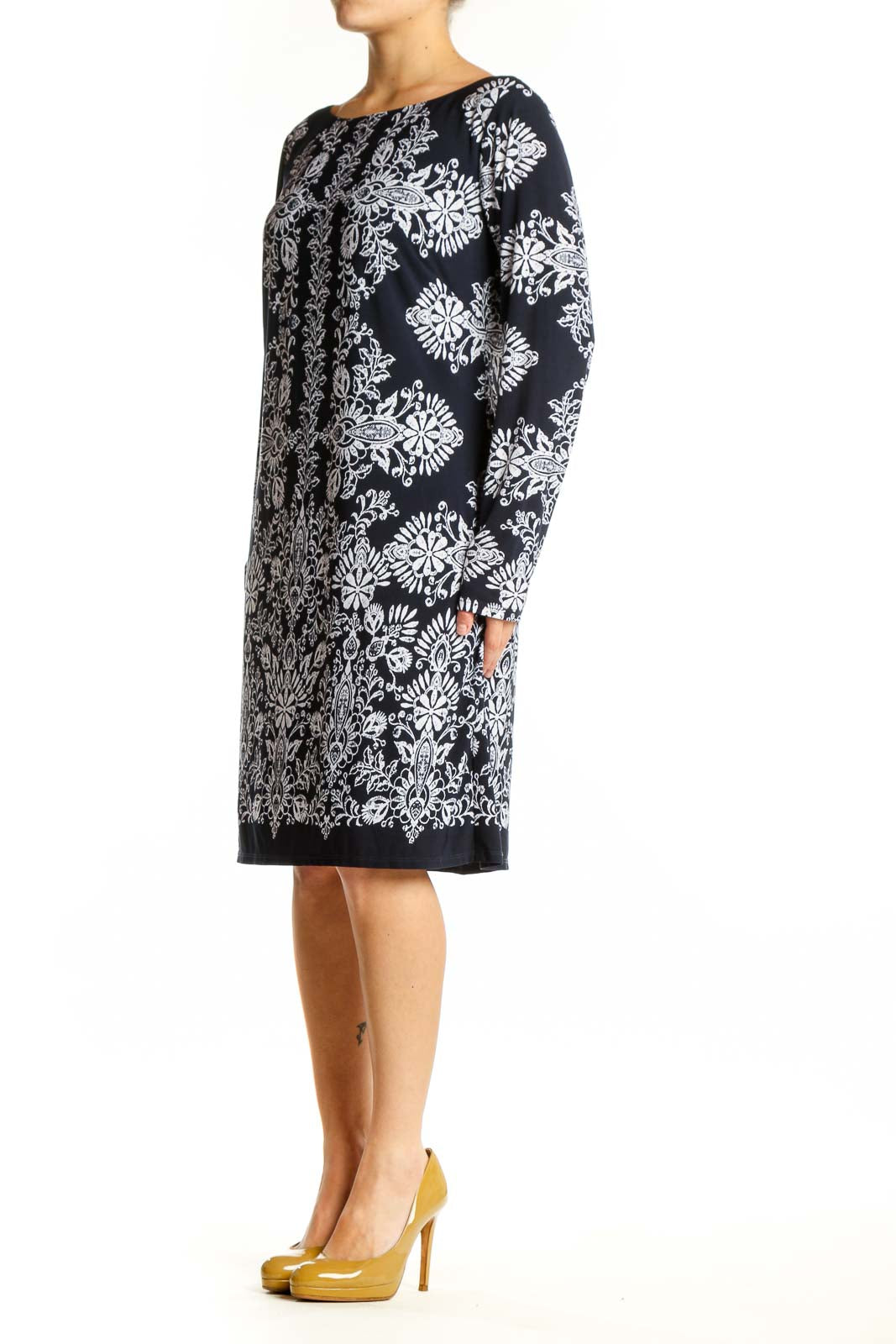 Black damask floral long sleeve dress with white ornate print, front view