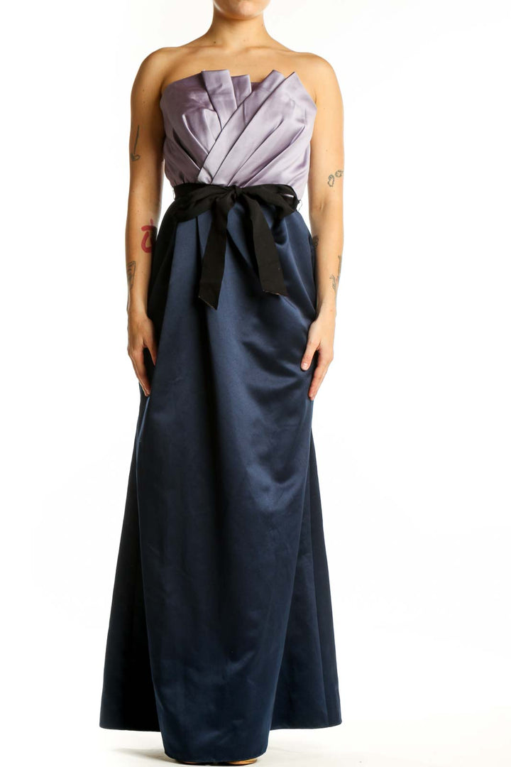 Navy strapless maxi dress with lavender pleated bodice and black bow waist accent by White by Vera Wang