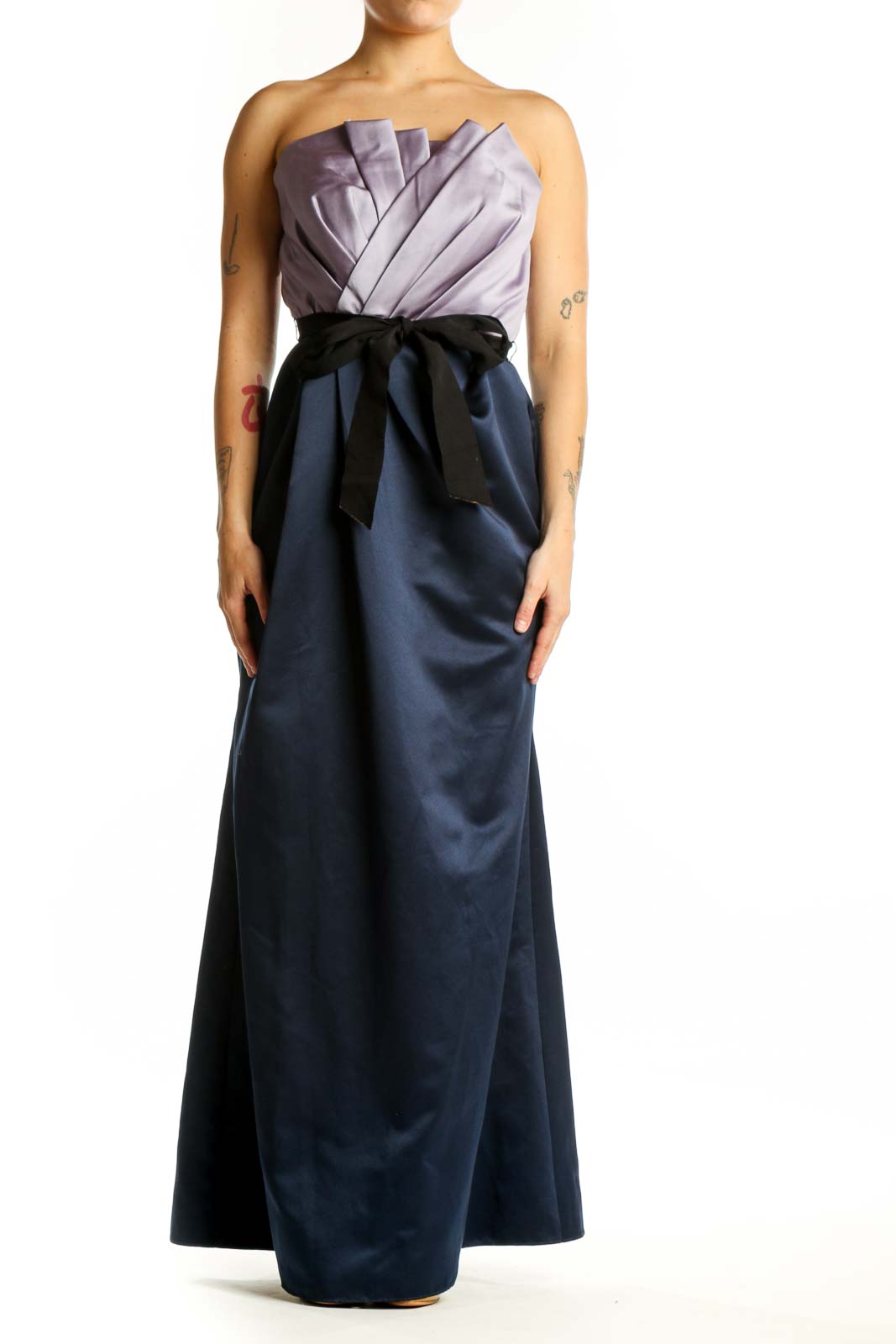 Navy strapless maxi dress with lavender pleated bodice and black bow waist accent by White by Vera Wang