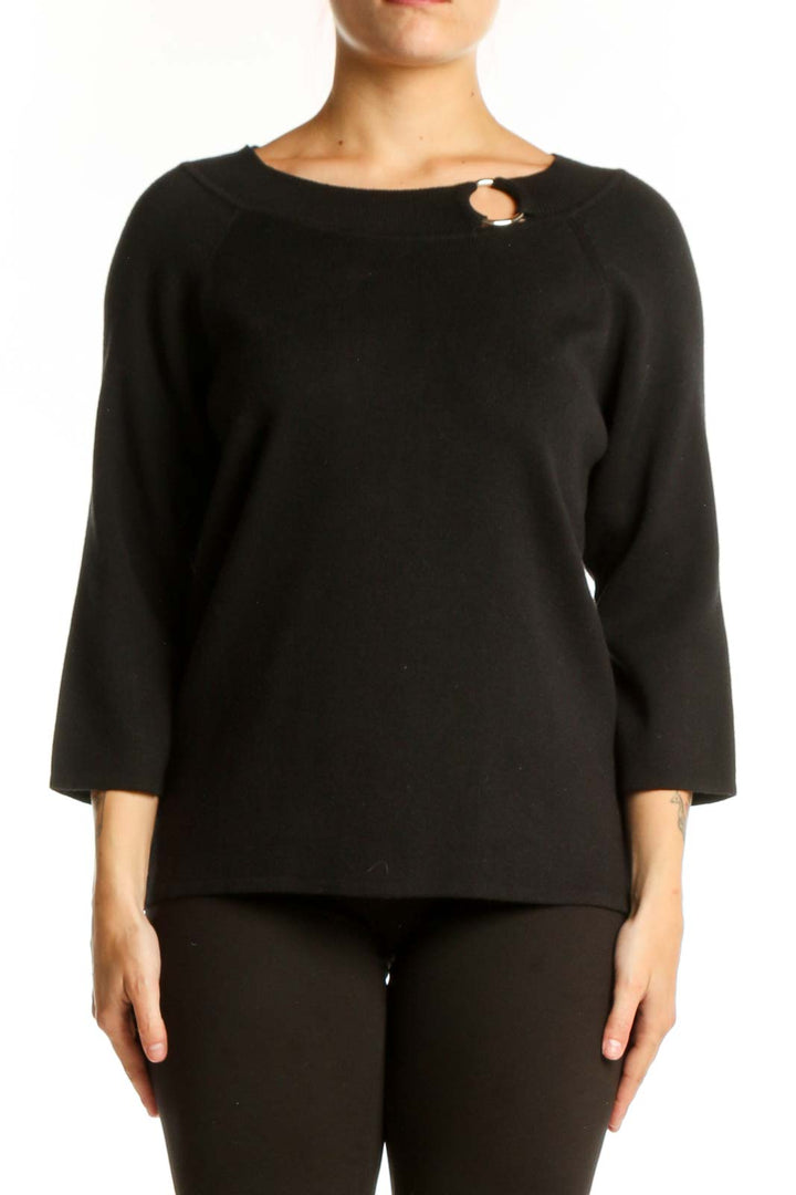 Black cotton top with keyhole neckline detail and 3/4 sleeves, front view