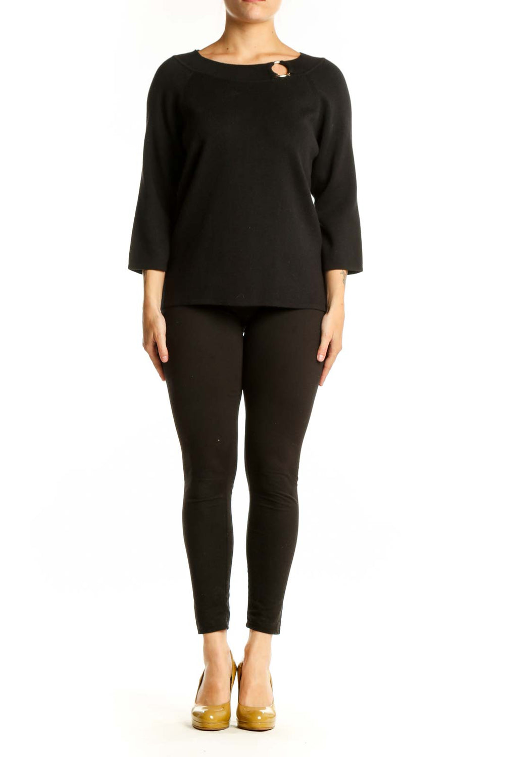 Black cotton top with keyhole neckline detail and 3/4 sleeves, front view