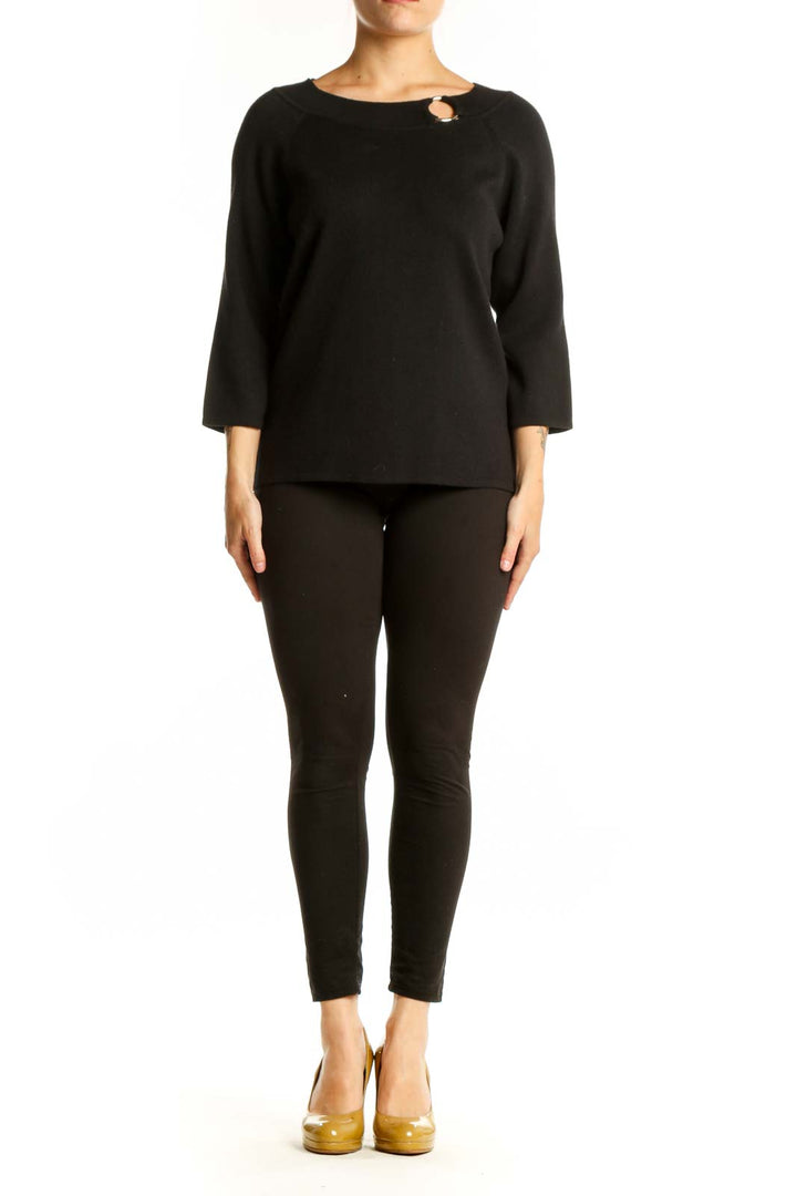 Black cotton top with keyhole neckline detail and 3/4 sleeves, front view