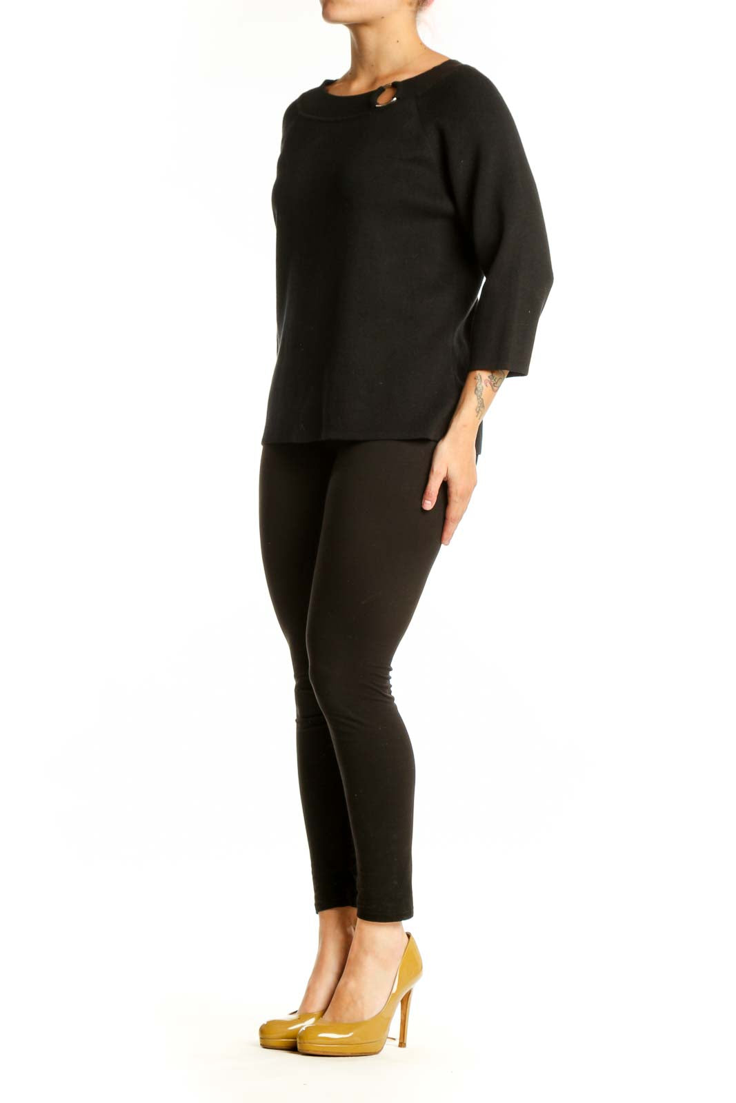 Black cotton top with keyhole neckline detail and 3/4 sleeves, front view