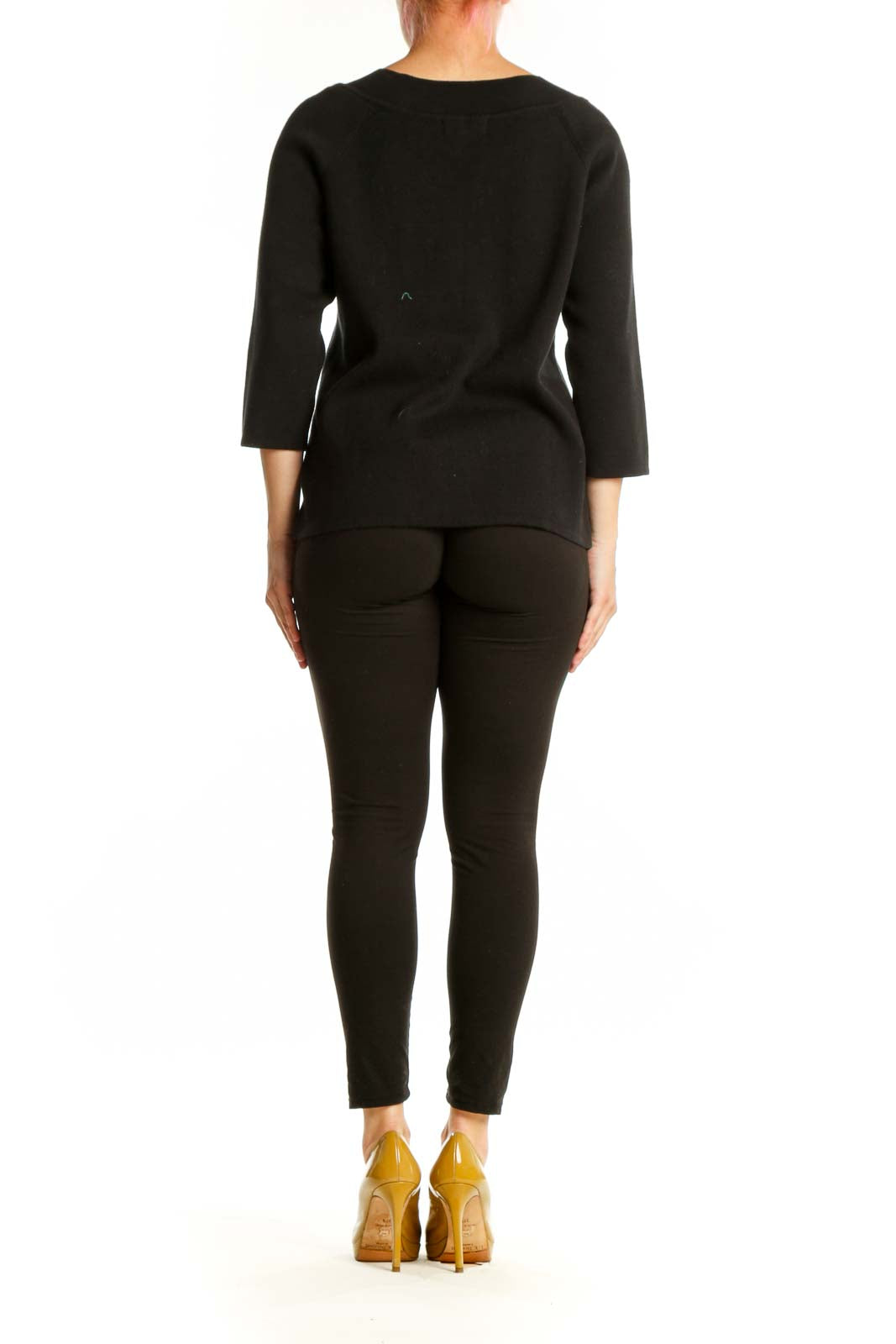 Black cotton top with keyhole neckline detail and 3/4 sleeves, back view