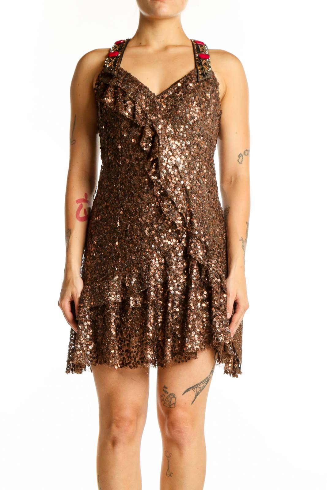 Gold sequin halter cocktail dress with jeweled straps and asymmetrical handkerchief hem, front view
