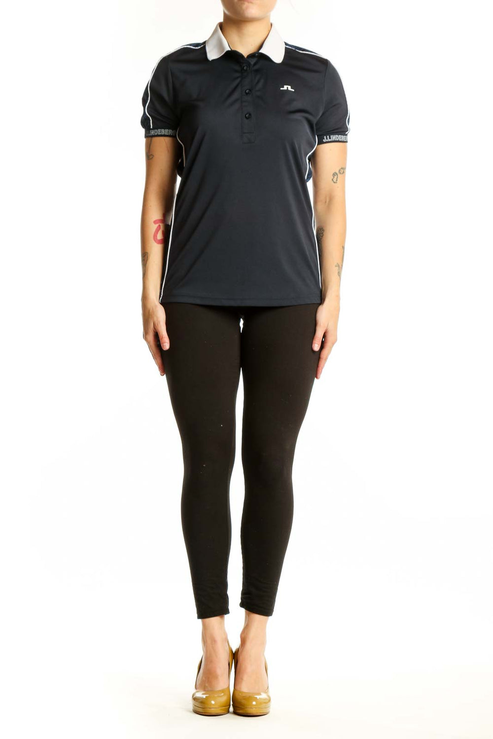 Black polo shirt with white collar and J. Lindeberg logo, front view