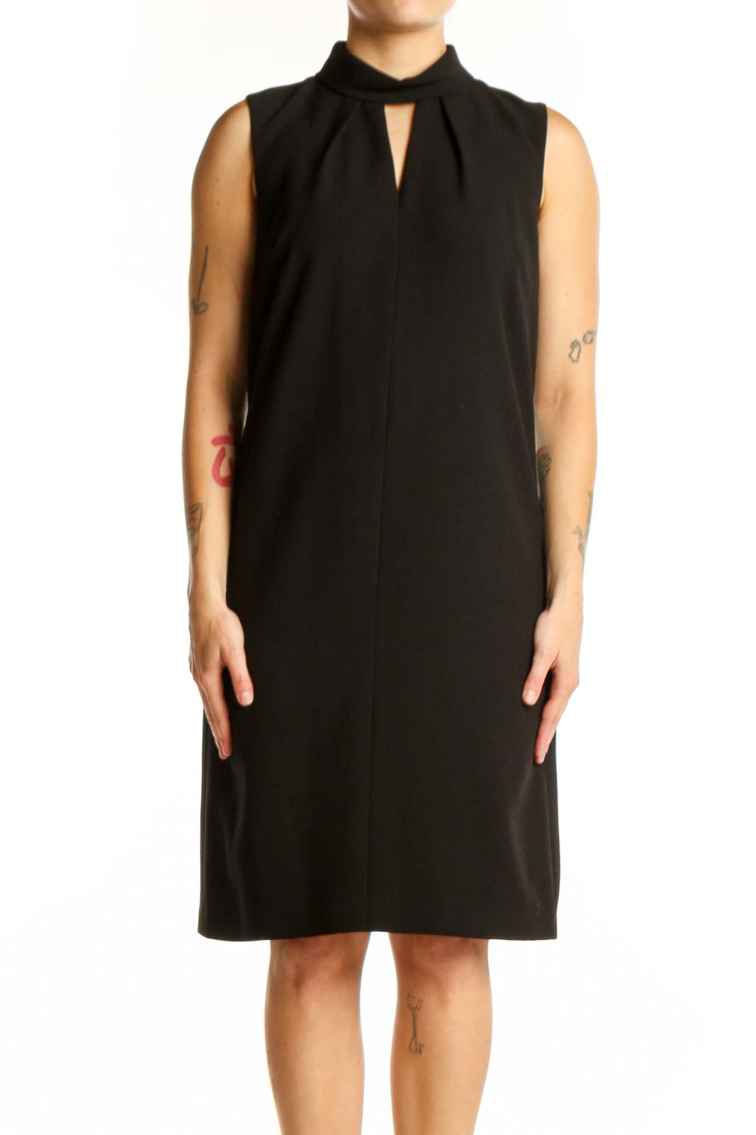 Black sleeveless shift dress with keyhole neckline front view