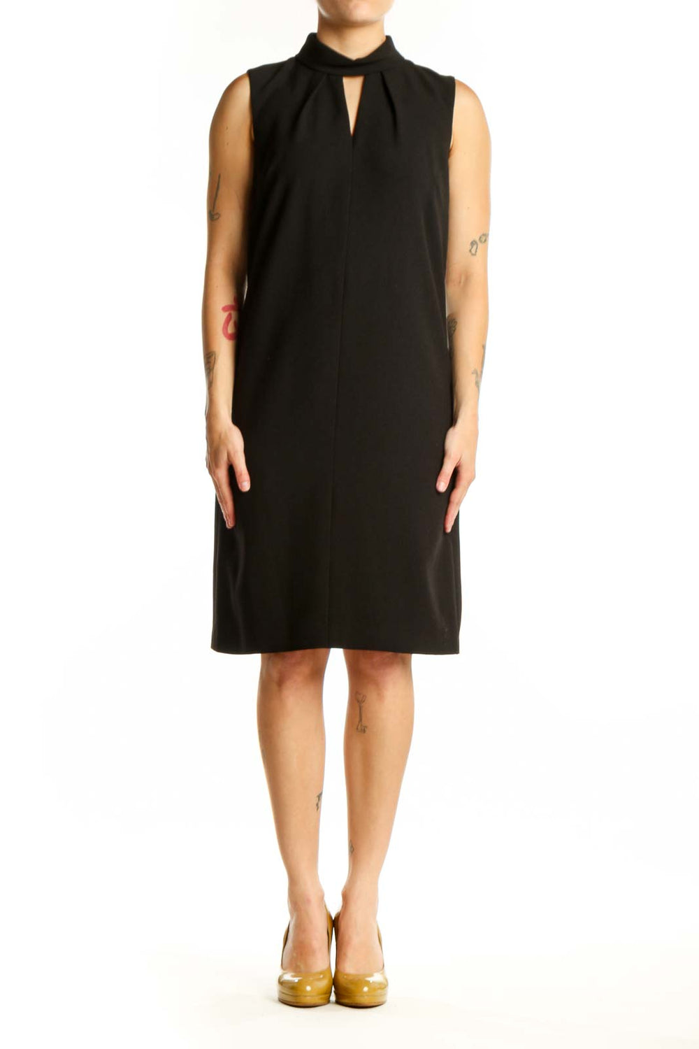 Black sleeveless shift dress with keyhole neckline front view