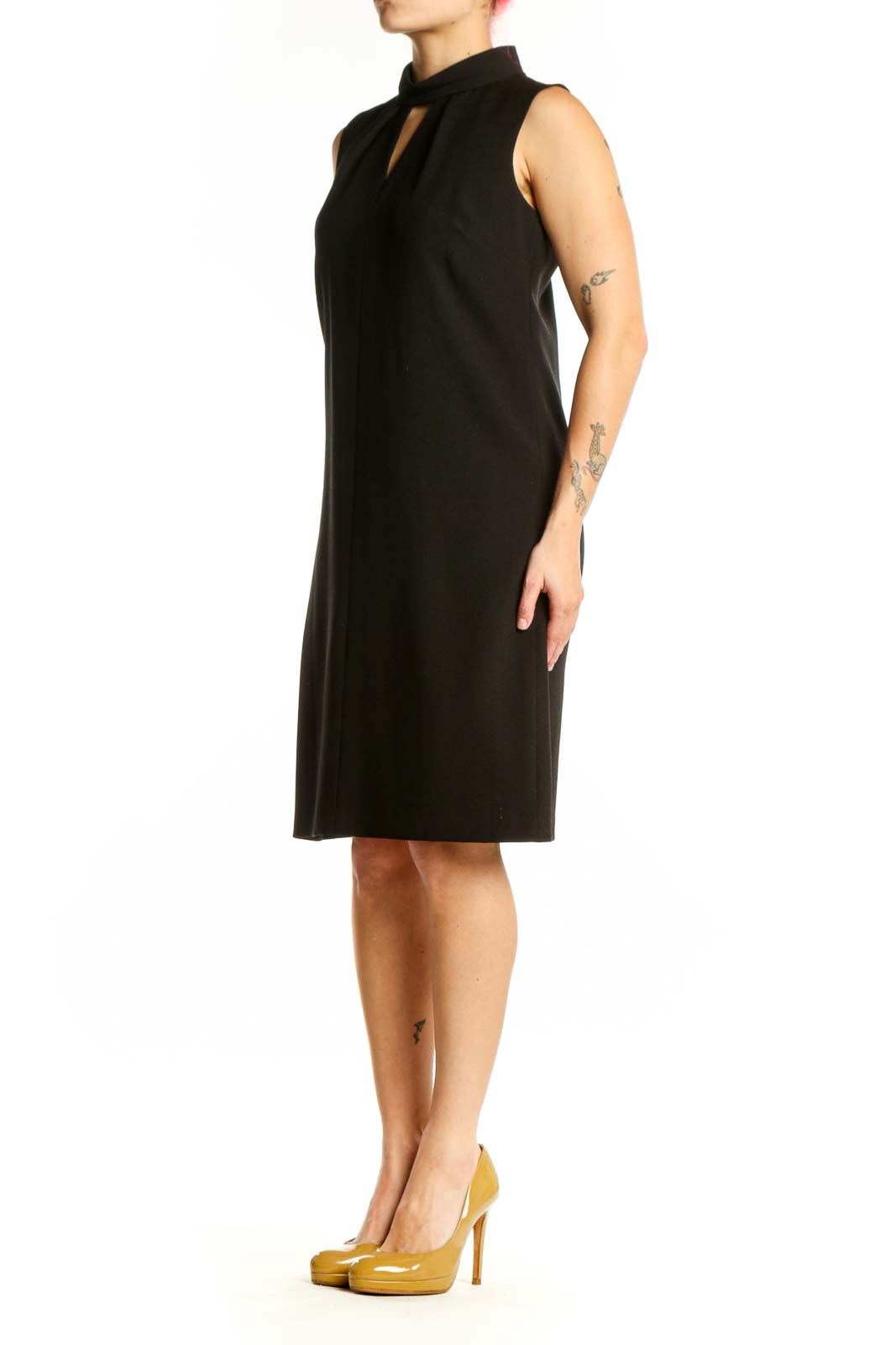 Black sleeveless shift dress with keyhole neckline front view
