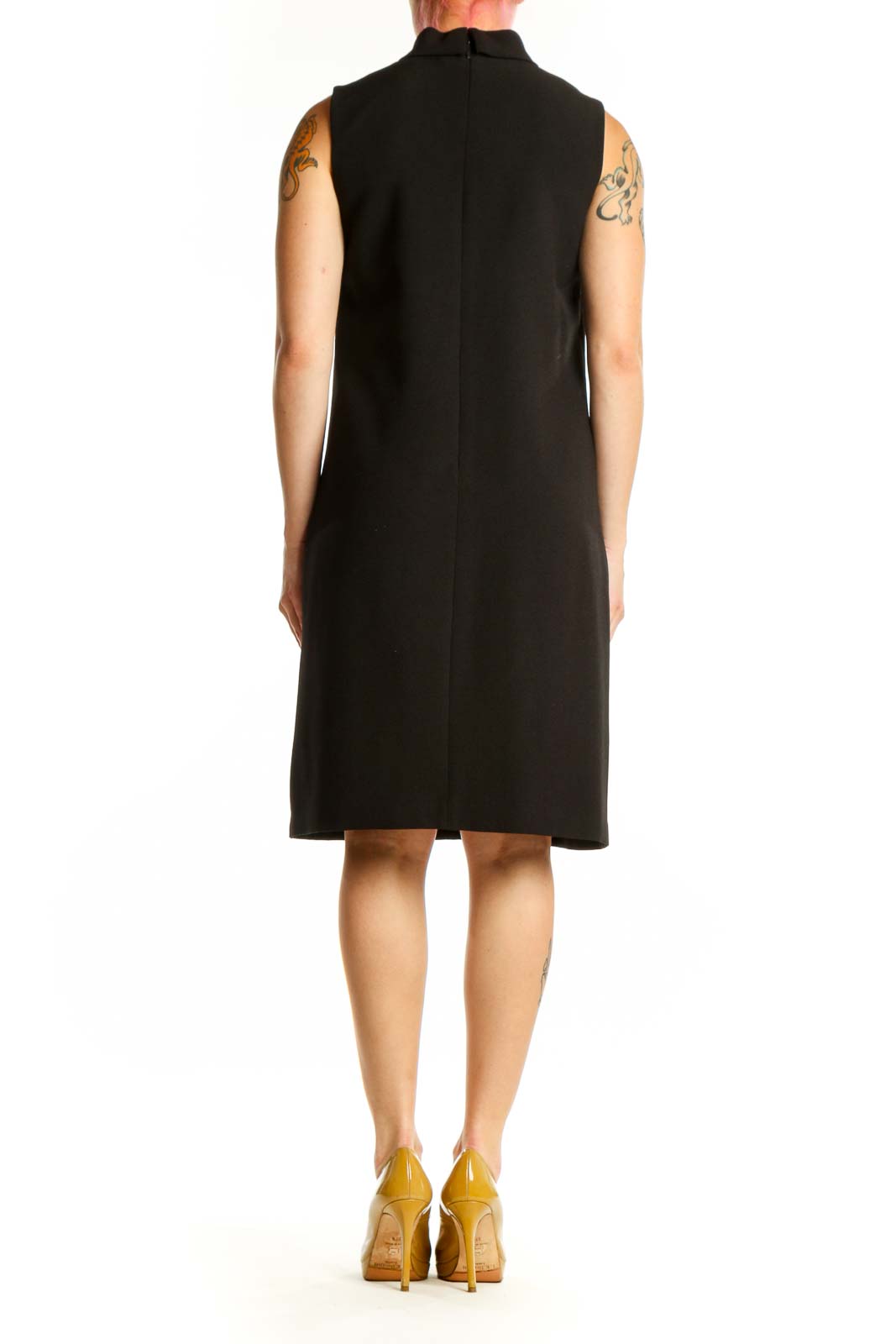 Black sleeveless shift dress with keyhole neckline back view
