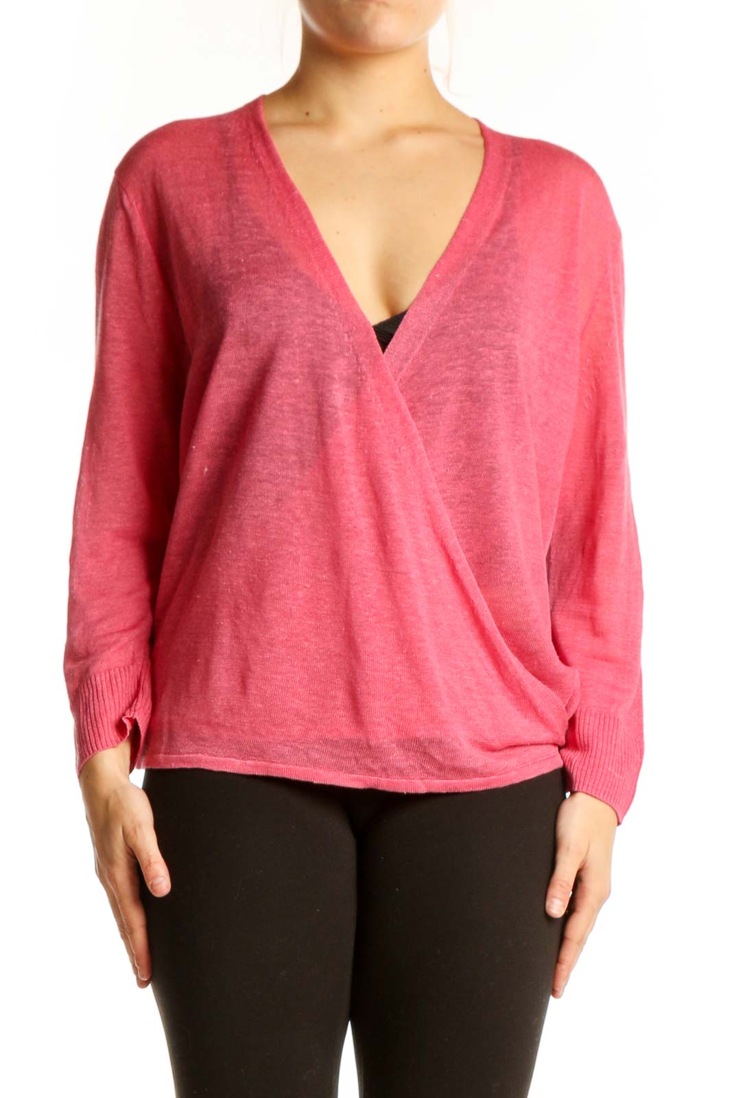 Pink linen viscose wrap top with V-neckline and long sleeves, front view