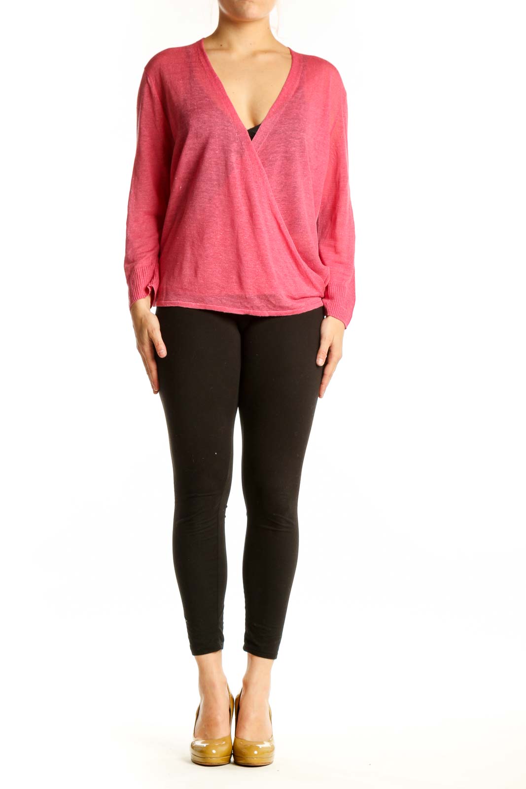Pink linen viscose wrap top with V-neckline and long sleeves, front view