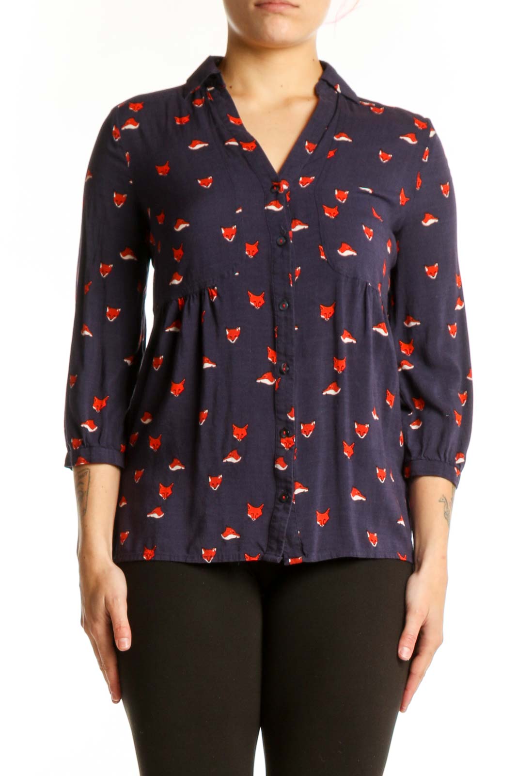 Navy rayon button-up top with red fox print, collared neckline, and three-quarter sleeves