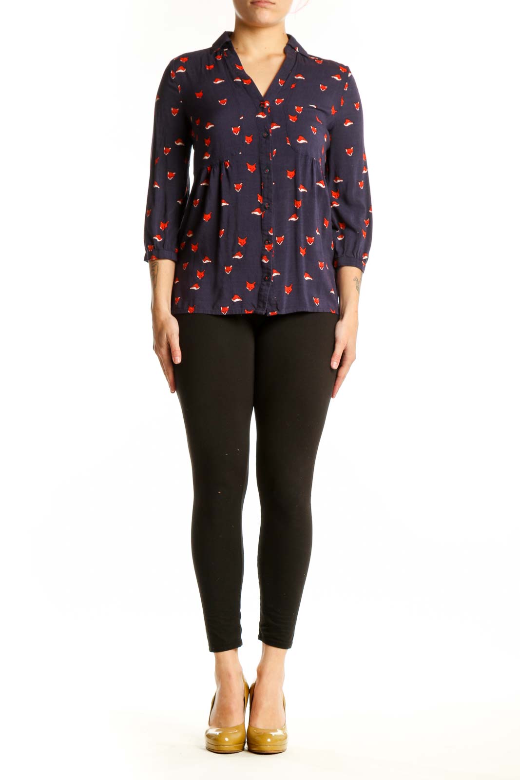 Navy rayon button-up top with red fox print, collared neckline, and three-quarter sleeves