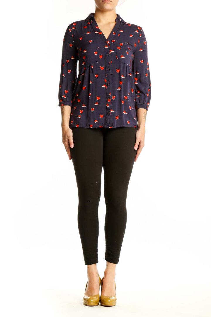 Navy rayon button-up top with red fox print, collared neckline, and three-quarter sleeves