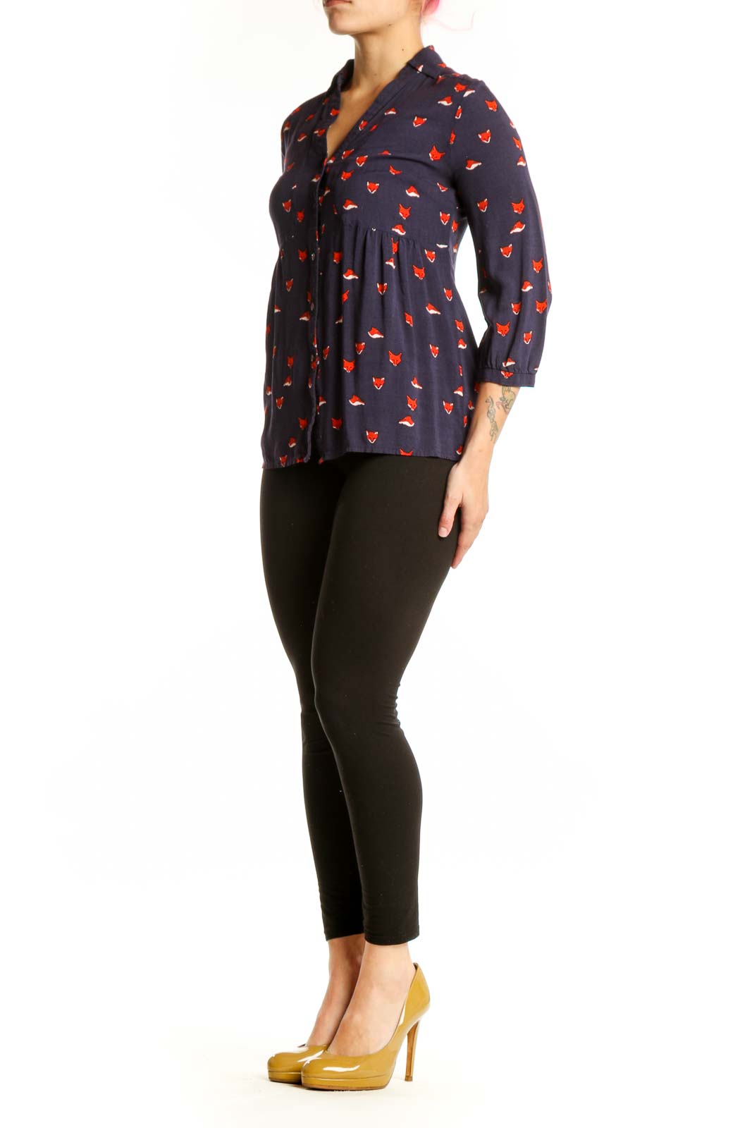 Navy rayon button-up top with red fox print, collared neckline, and three-quarter sleeves
