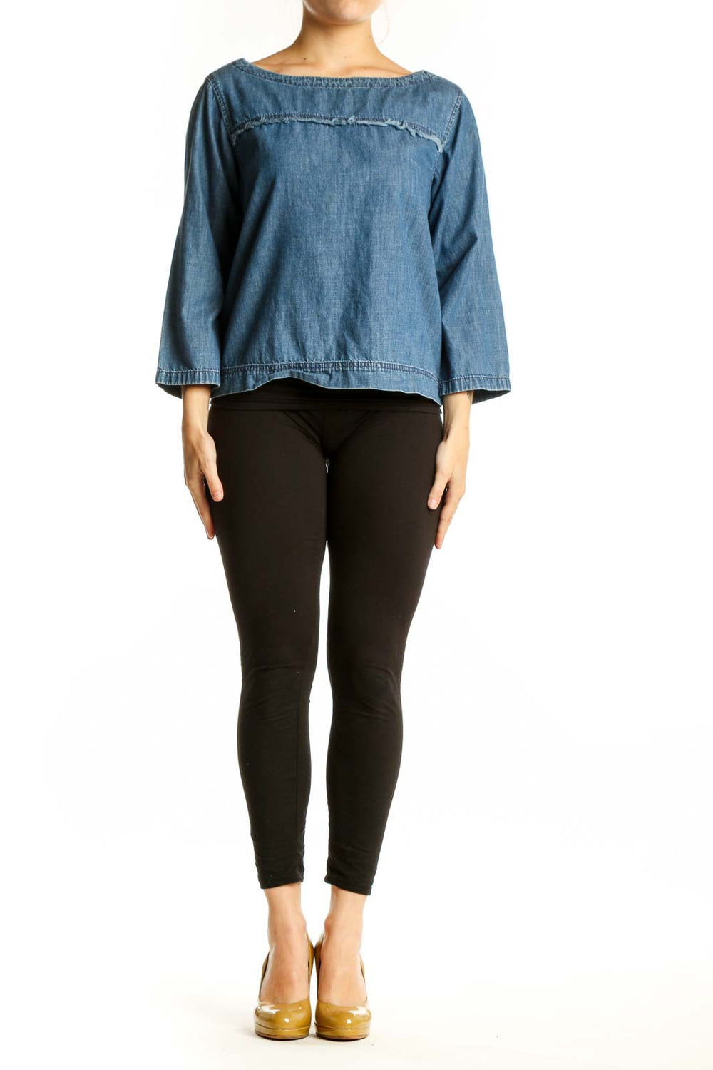Blue denim cropped top with boat neckline and three-quarter sleeves, front view