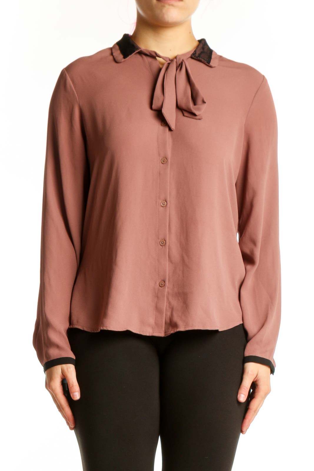 Mauve tie neck button-up blouse with black contrast trim and long sleeves, front view
