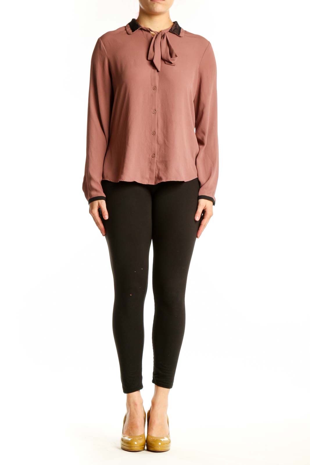 Mauve tie neck button-up blouse with black contrast trim and long sleeves, front view