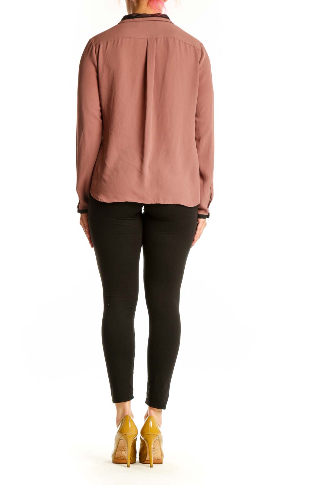 Mauve tie neck button-up blouse with black contrast trim, back view showing tie detail
