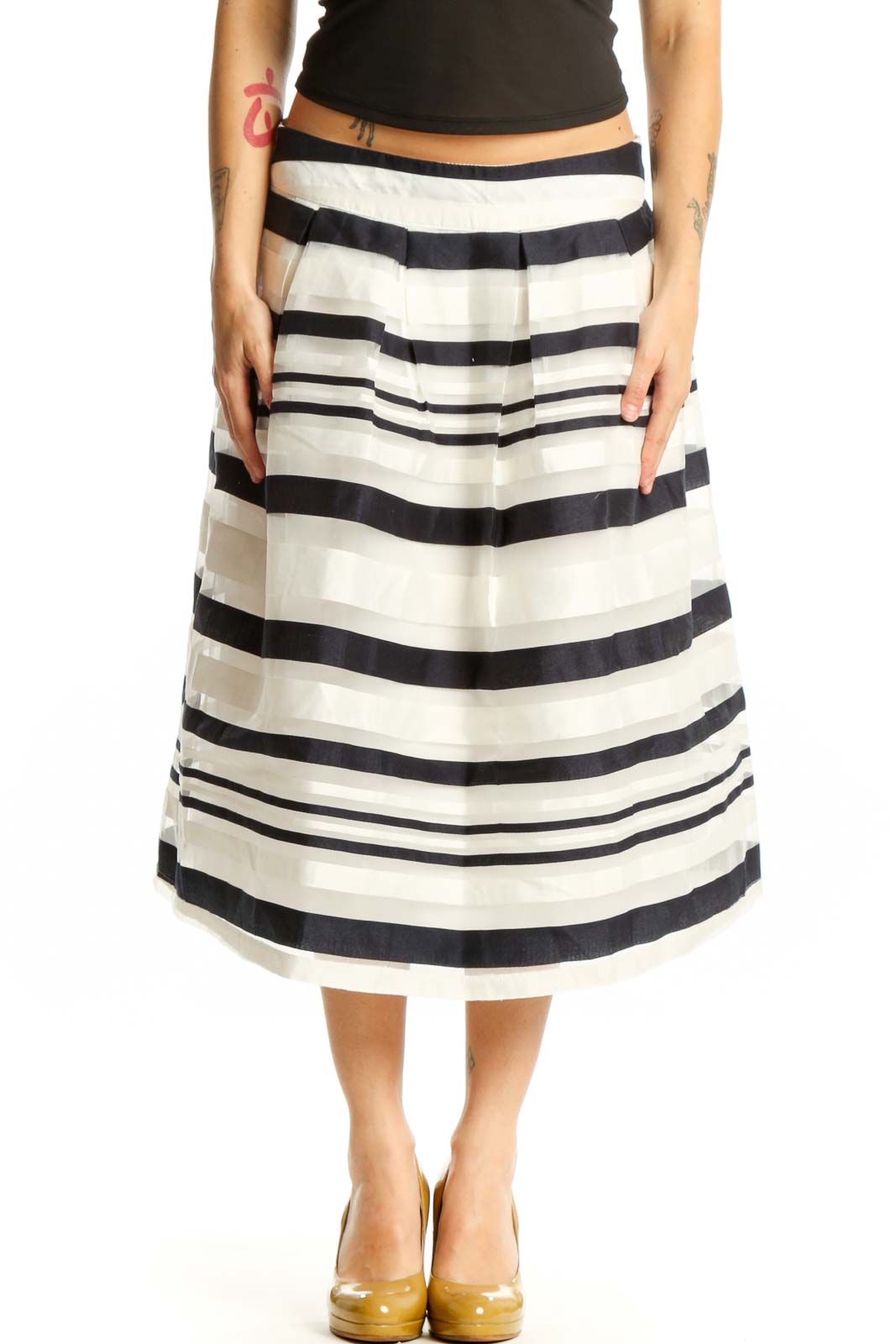 Black and white horizontal striped A-line midi skirt with pleated design, front view