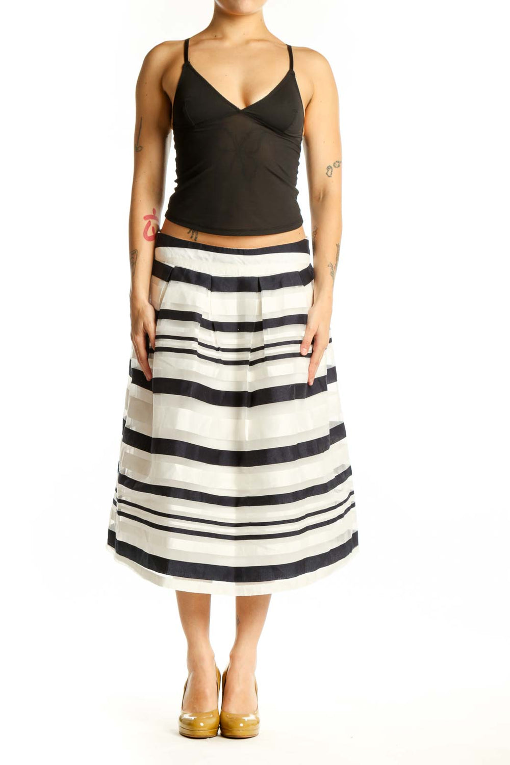 Black and white horizontal striped A-line midi skirt with pleated design, front view