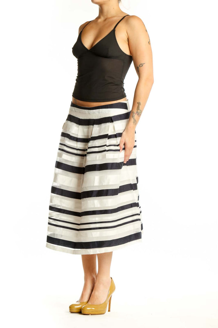 Black and white horizontal striped A-line midi skirt with pleated design, front view