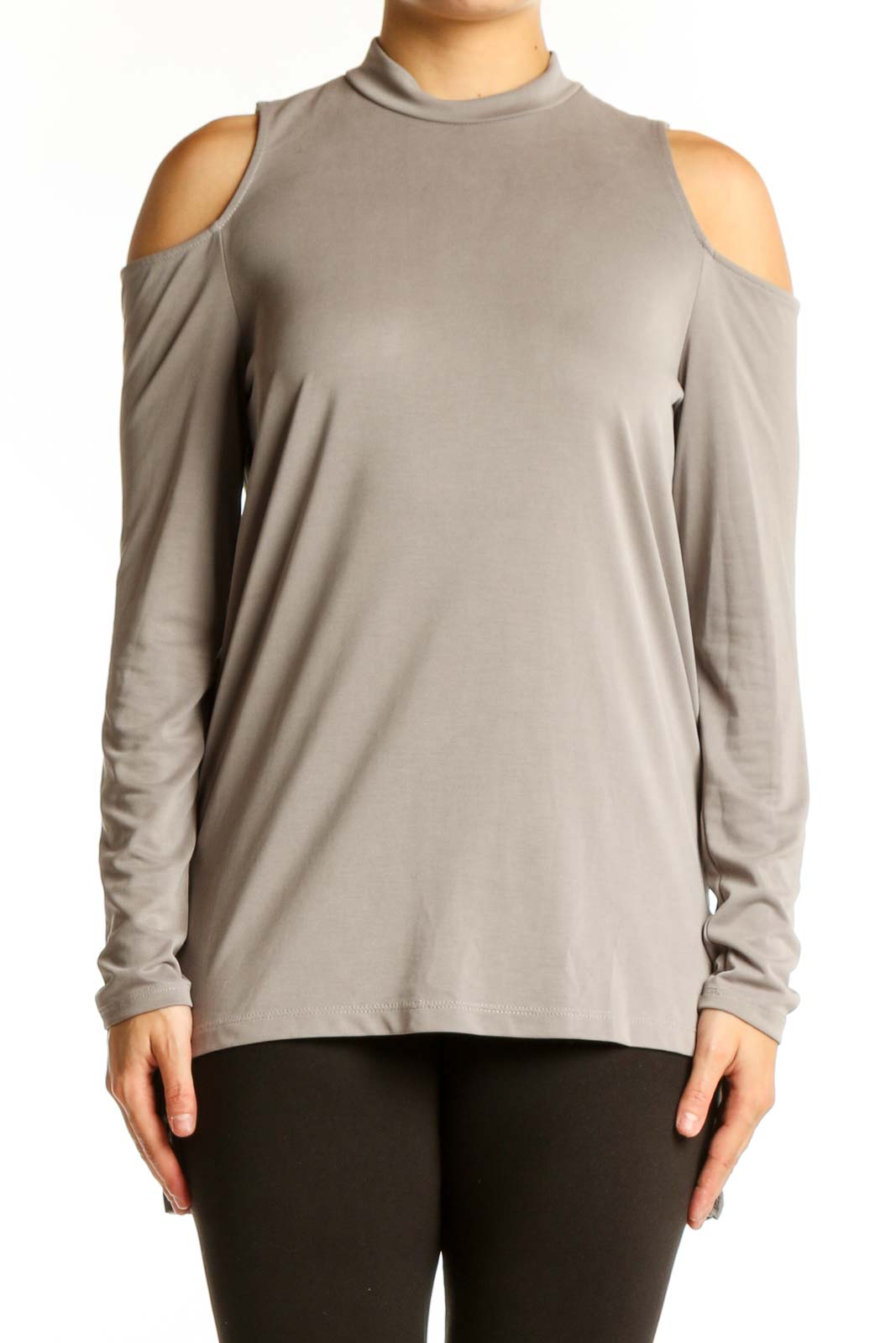 Beige cold shoulder long sleeve top with crew neckline, front view on model
