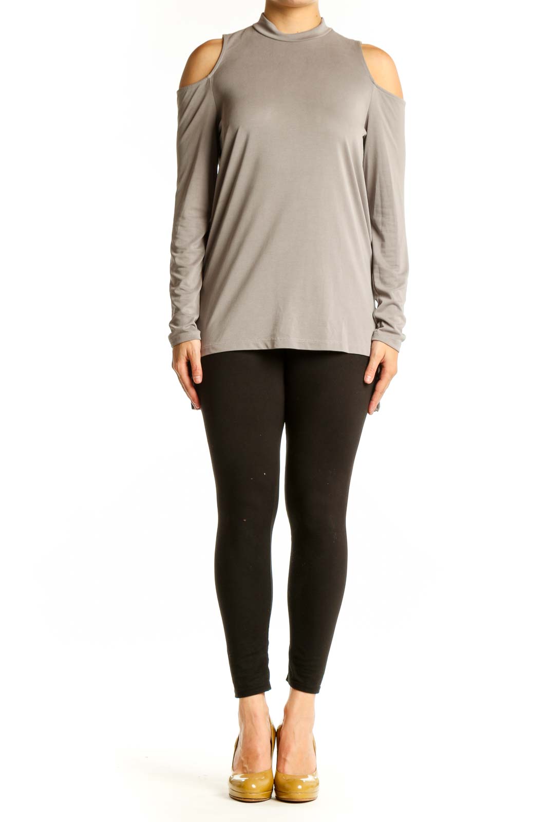 Beige cold shoulder long sleeve top with crew neckline, front view on model