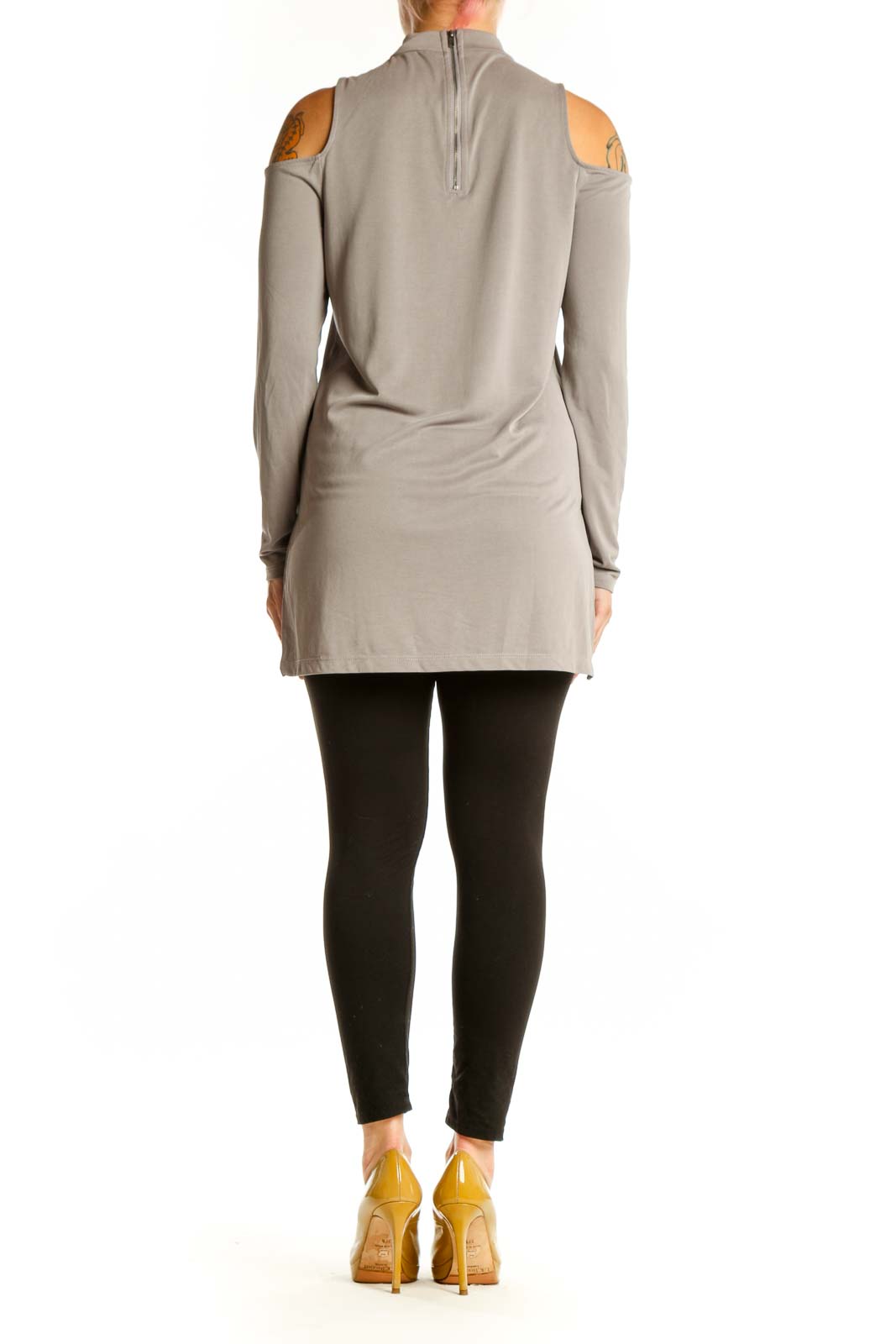 Beige cold shoulder long sleeve top back view, showing relaxed fit and elegant drape