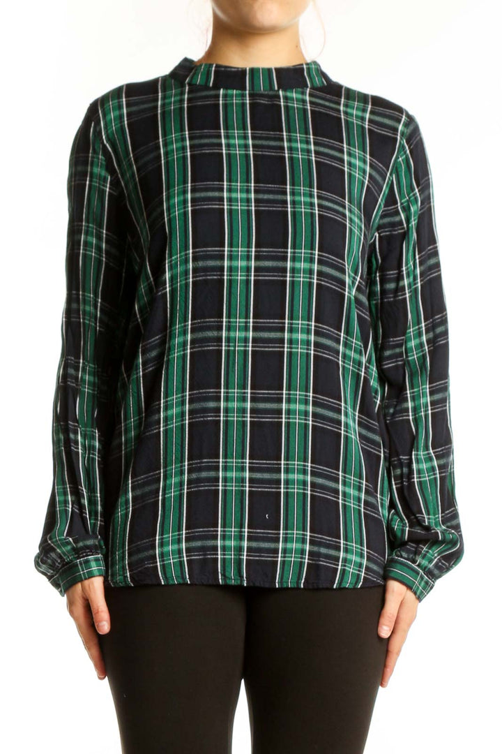 Front view of green and black plaid rayon long sleeve top with crew neckline and gathered cuffs