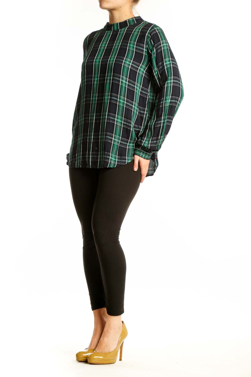 Front view of green and black plaid rayon long sleeve top with crew neckline and gathered cuffs