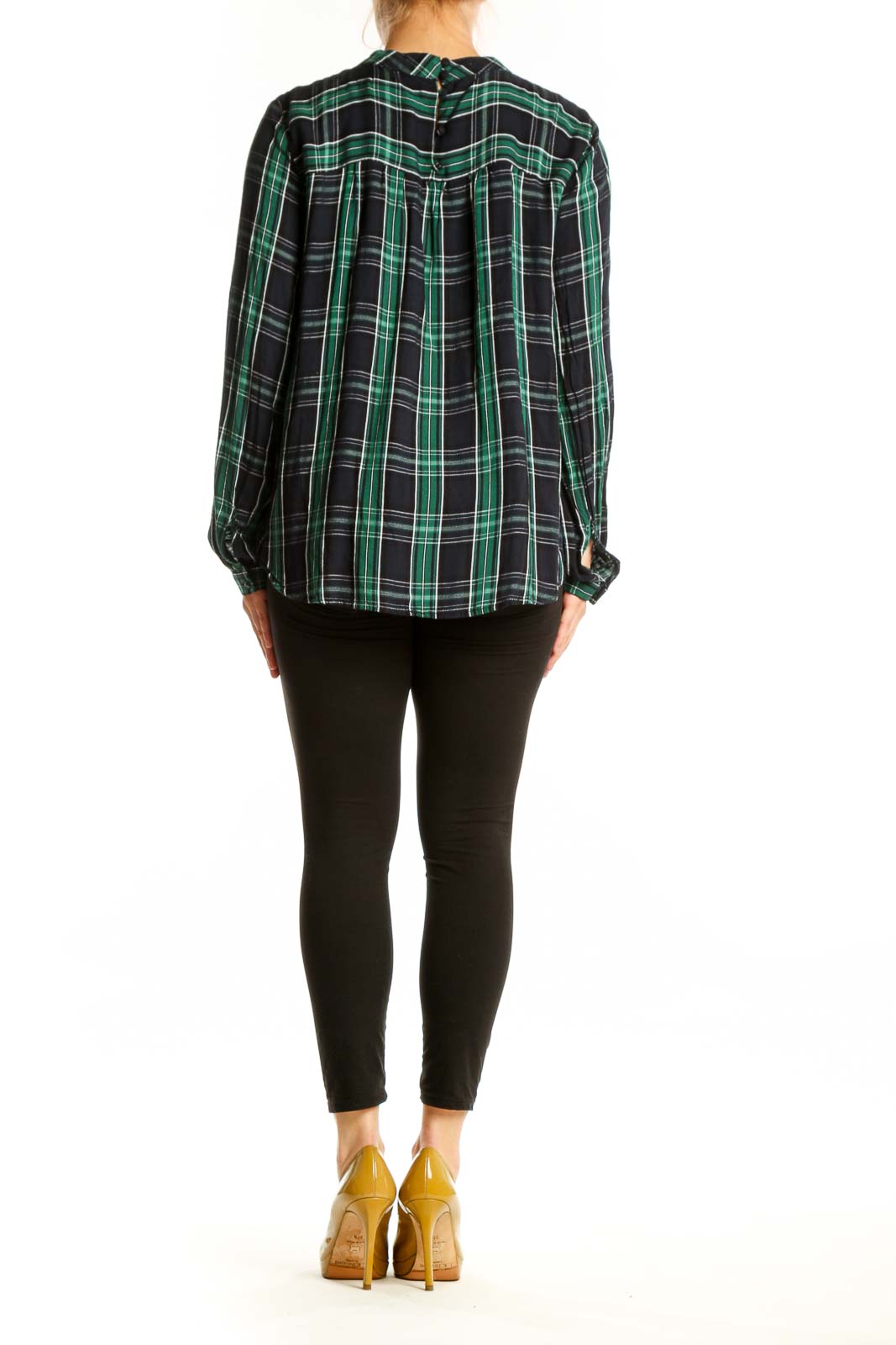 Back view of green and black plaid rayon long sleeve top showing full plaid pattern and relaxed fit
