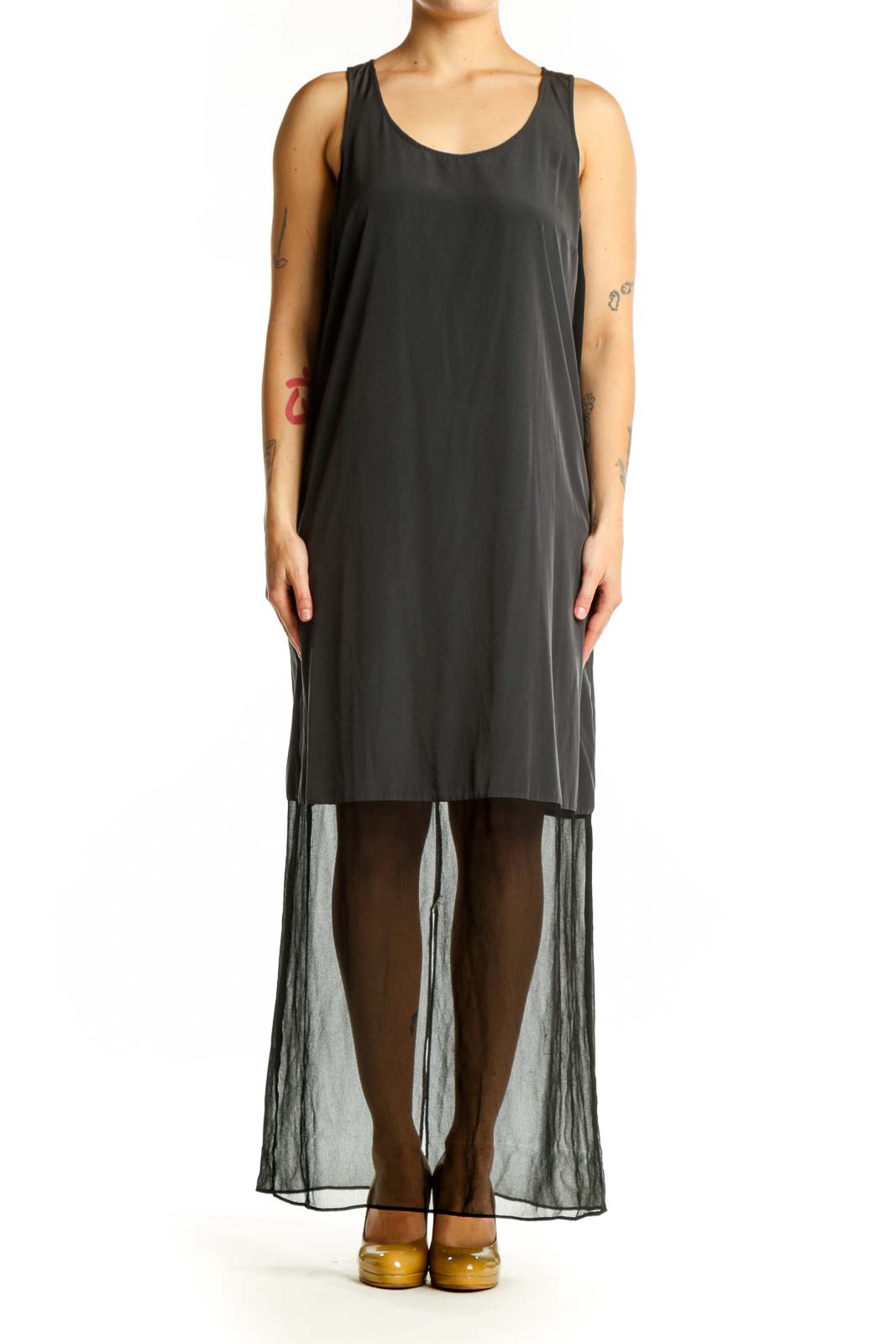 Black mesh overlay tank dress by Simply Vera Vera Wang, front view on model