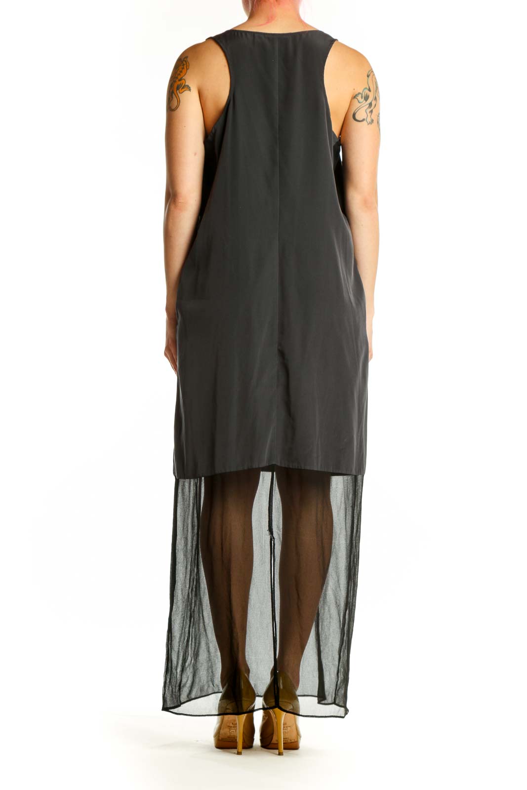 Black mesh overlay tank dress by Simply Vera Vera Wang, back view on model