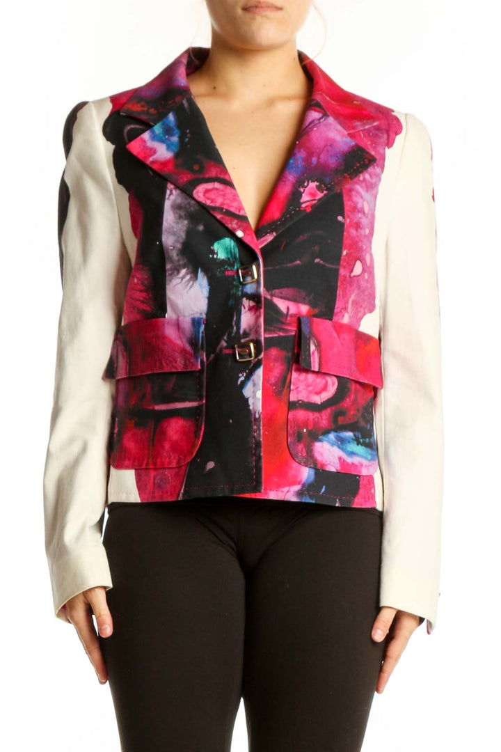 ESCADA multicolor abstract blazer jacket with vibrant pink, red, and black print front view