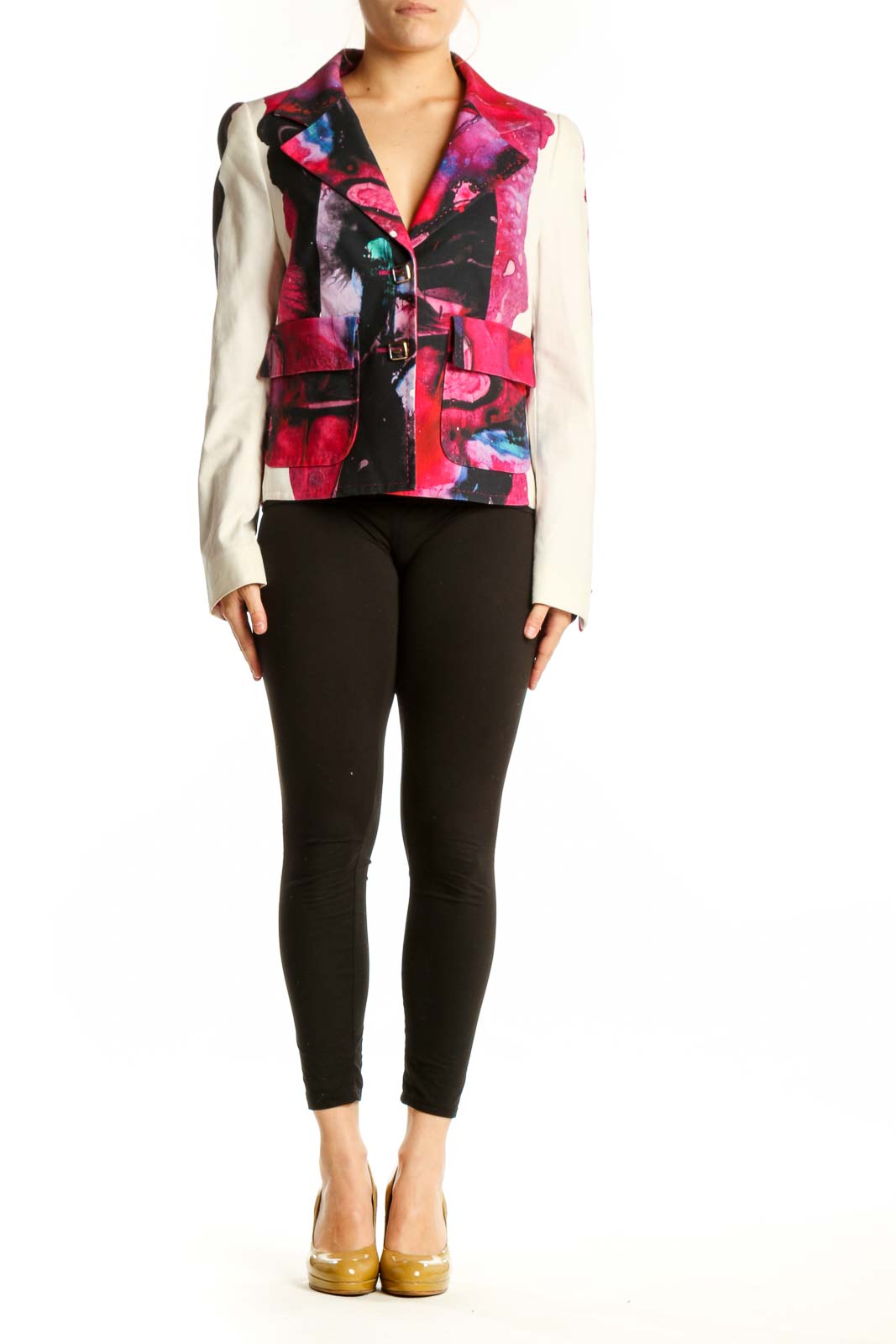 ESCADA multicolor abstract blazer jacket with vibrant pink, red, and black print front view