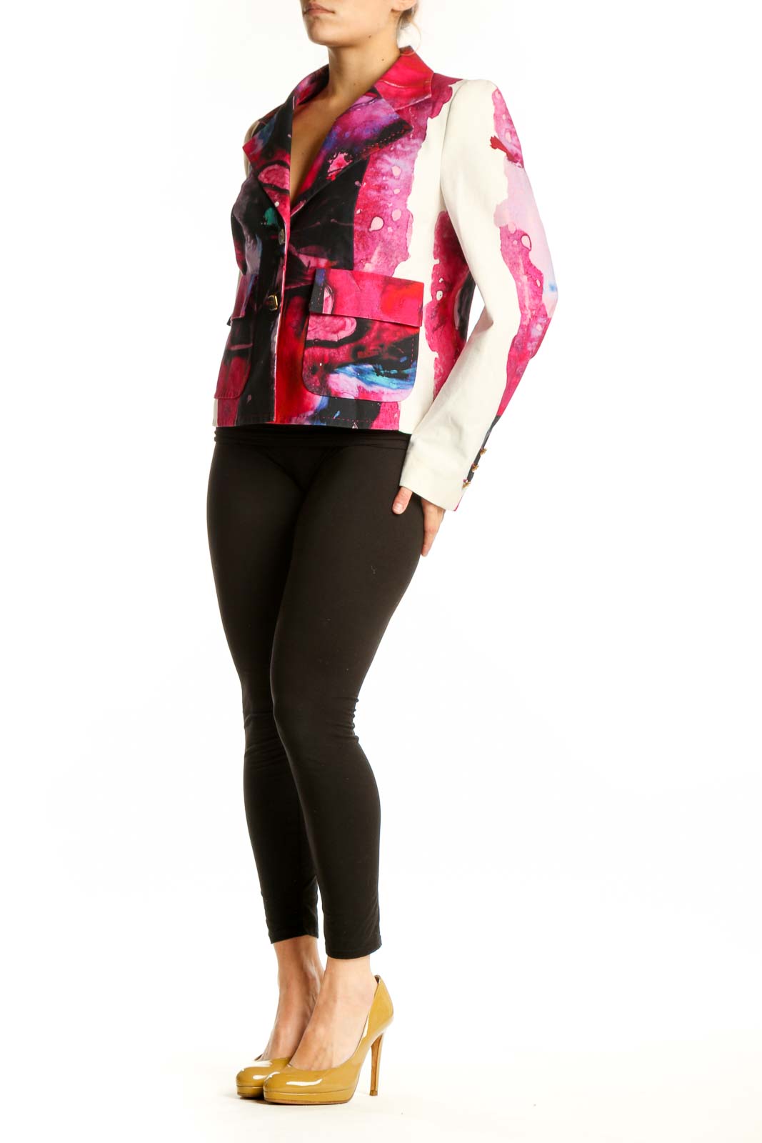 ESCADA multicolor abstract blazer jacket with vibrant pink, red, and black print front view