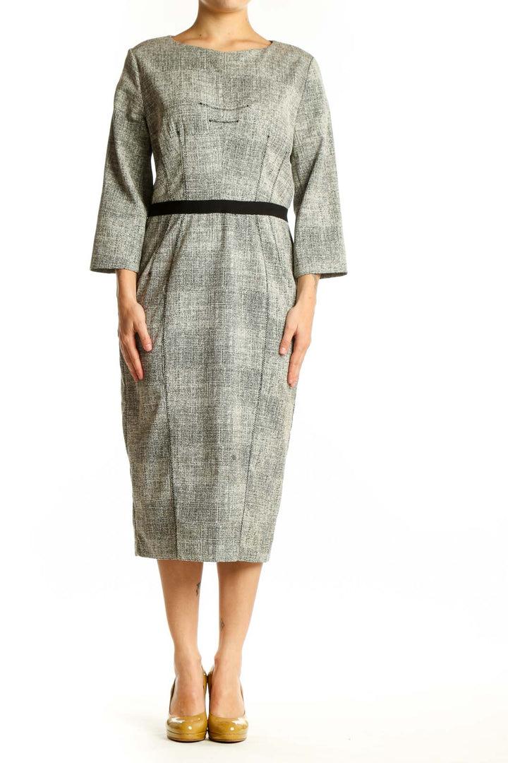 Gray linen midi dress with black waist belt and three-quarter sleeves, front view
