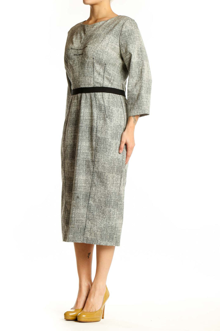 Gray linen midi dress with black waist belt and three-quarter sleeves, front view