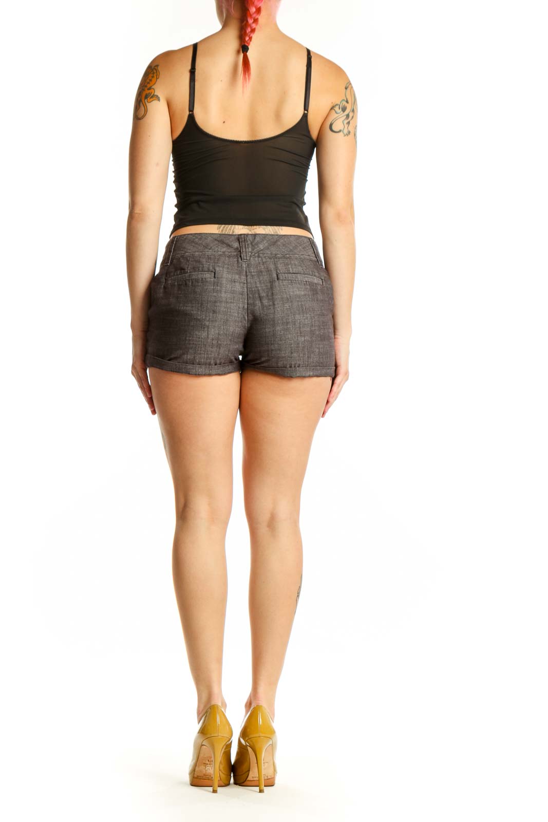 Gray denim shorts back view showing flap pockets and classic denim construction