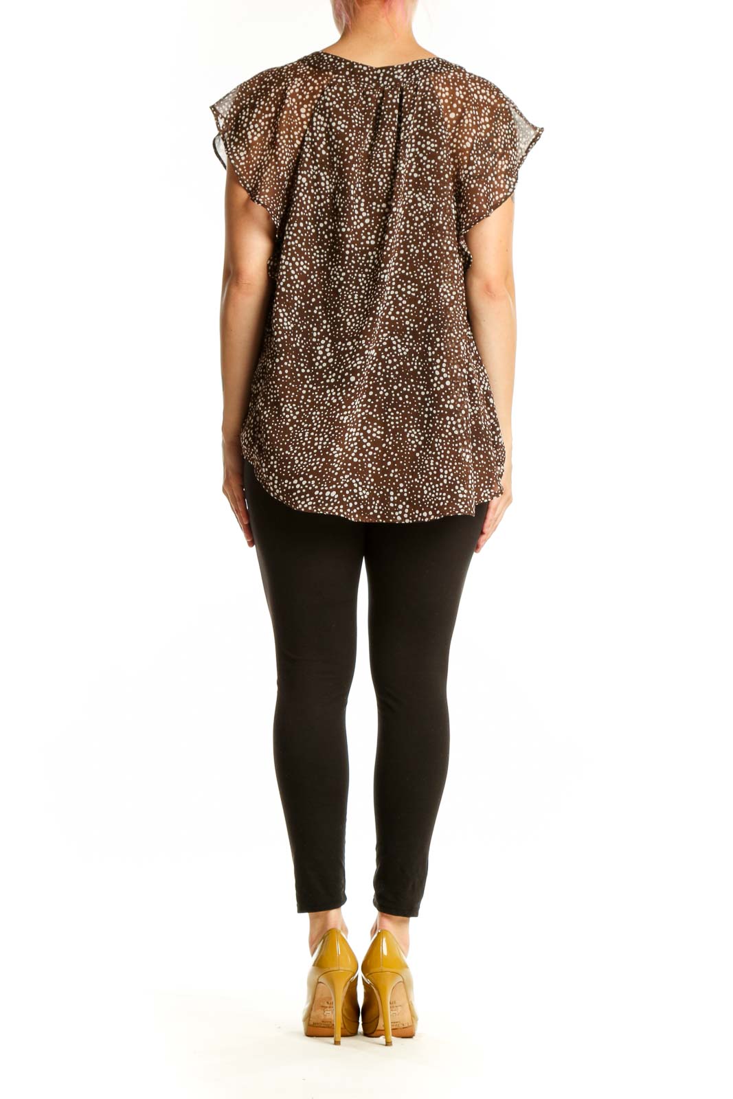 Brown polka dot LOFT top with V-neckline and cap sleeves, back view on model