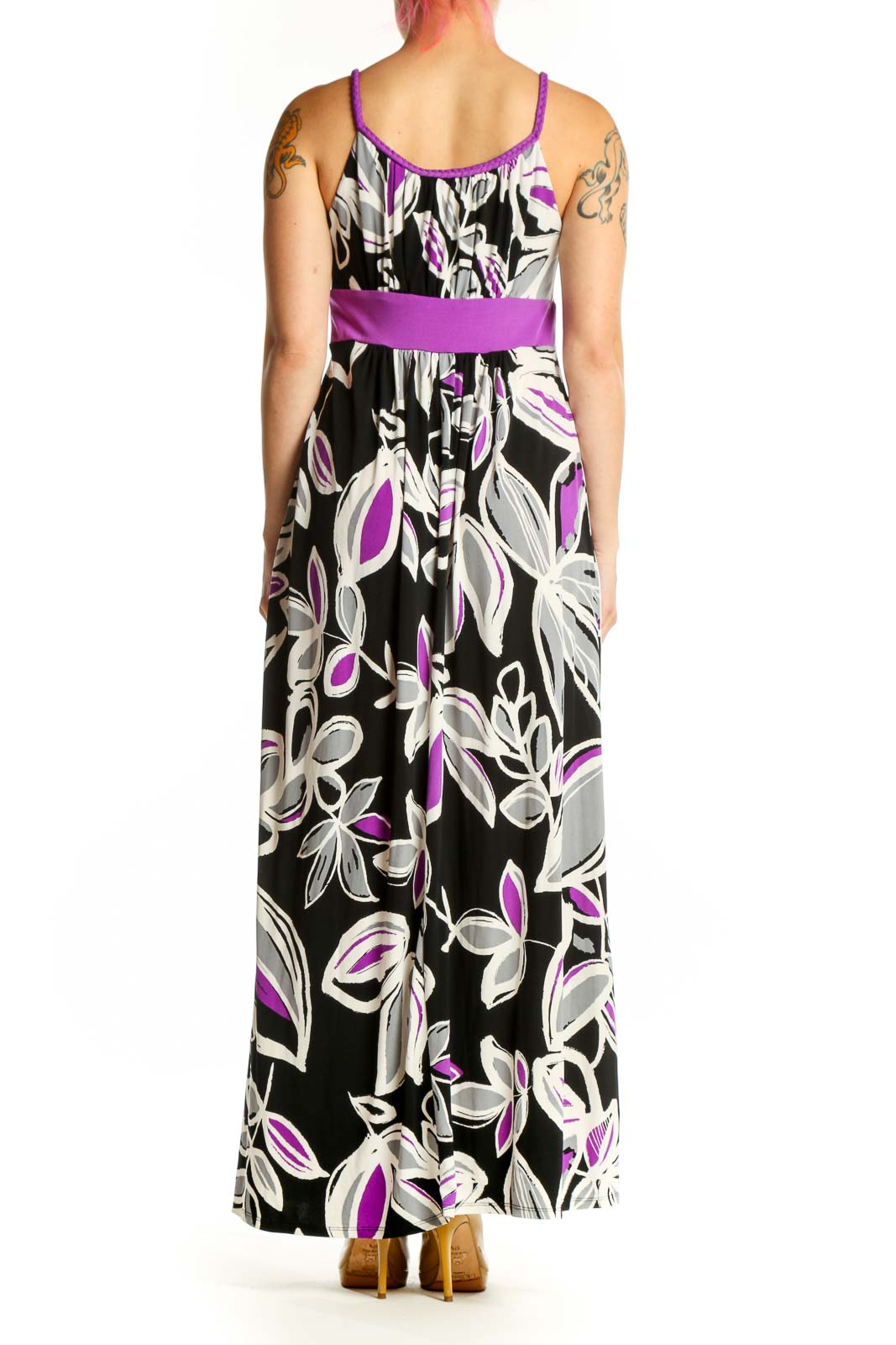 Black floral maxi dress with purple and white botanical print and purple waistband, back view